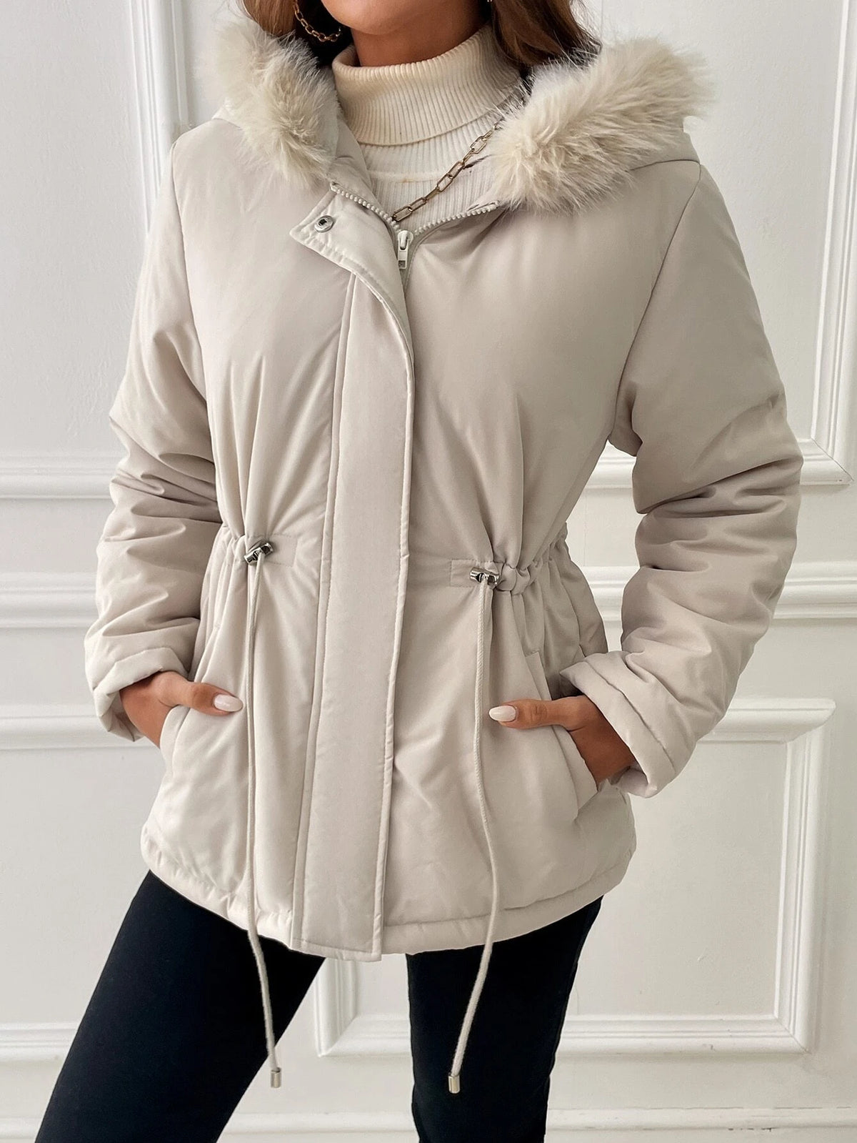 Essnce Drawstring Waist Fuzzy Trim Hooded Parka Coat