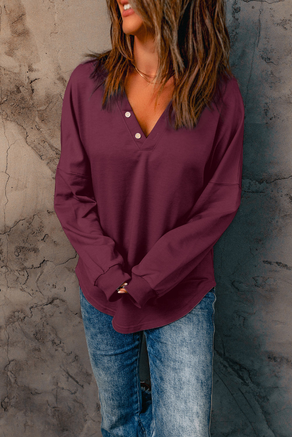 Wine Buttoned V Neck Cotton Loose Fit Top