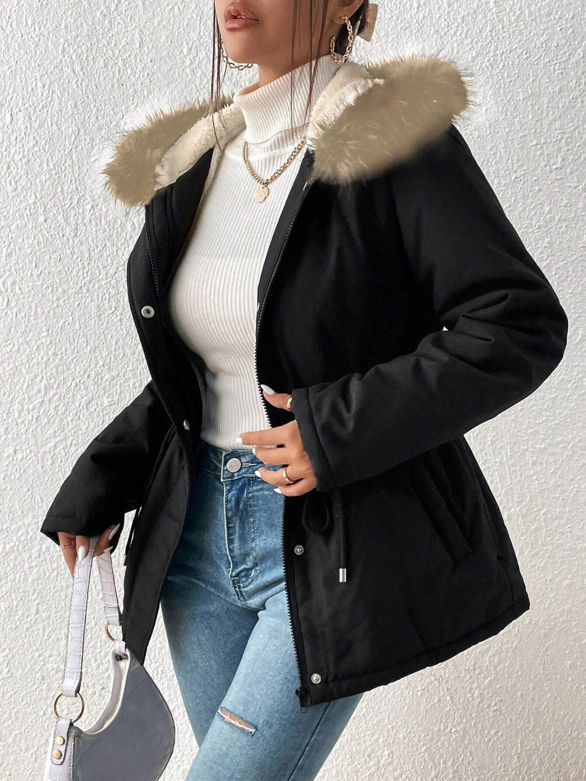 Essnce Drawstring Waist Fuzzy Trim Hooded Parka Coat