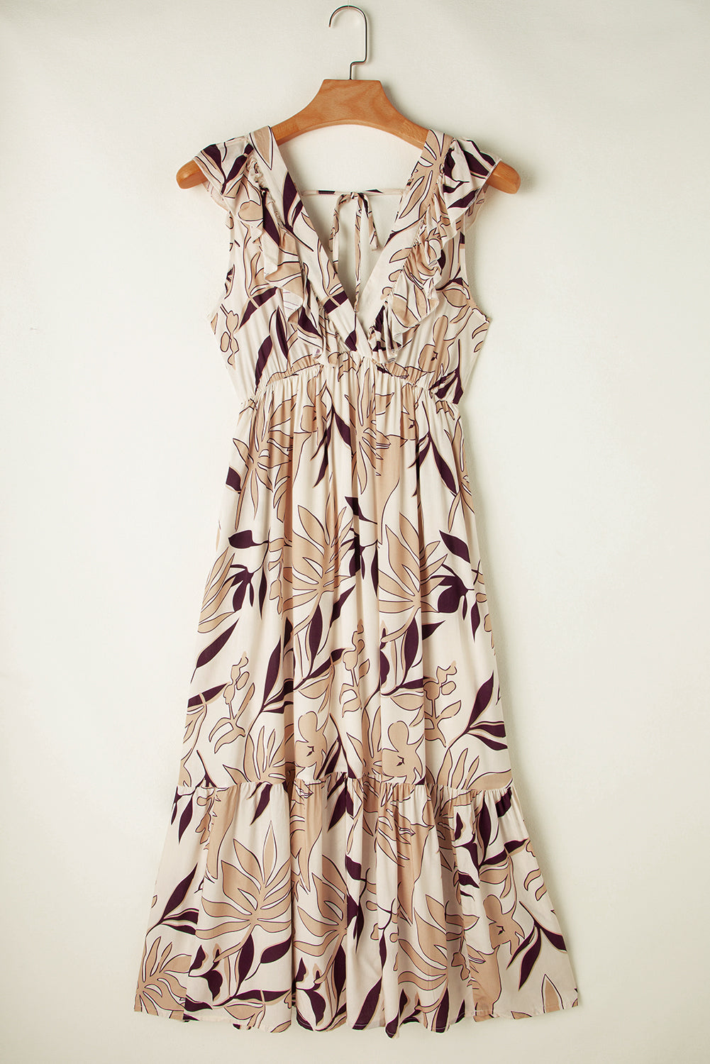 Brown Ruffled V Neck Leaves Print Long Dress