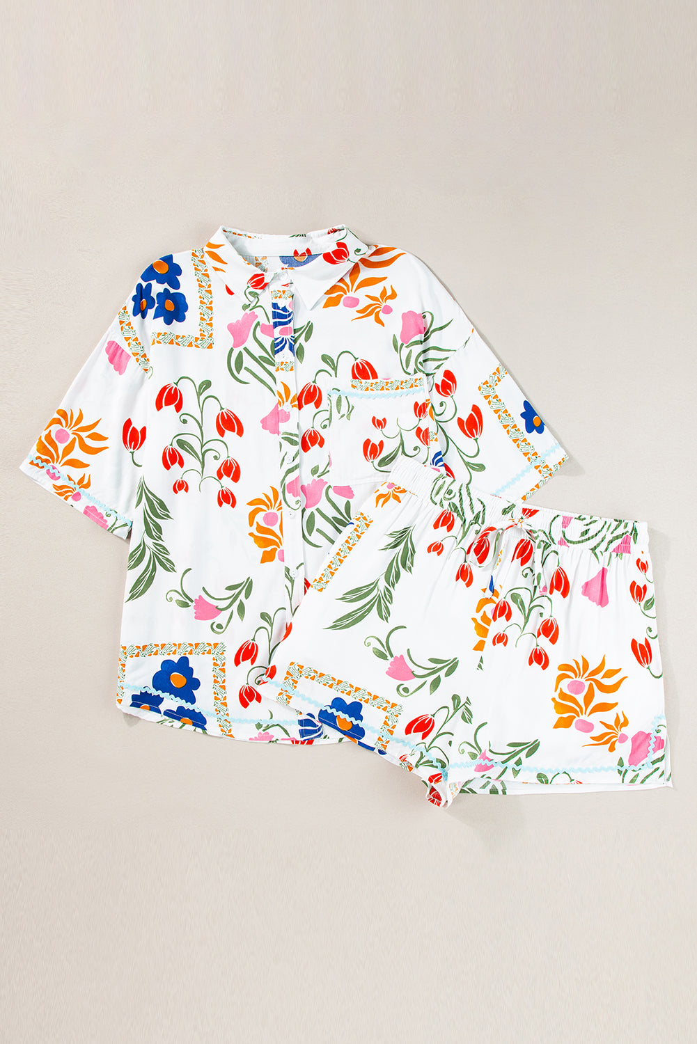 Ricrac Trim Floral Short Sleeve Shirt and Shorts Outfit