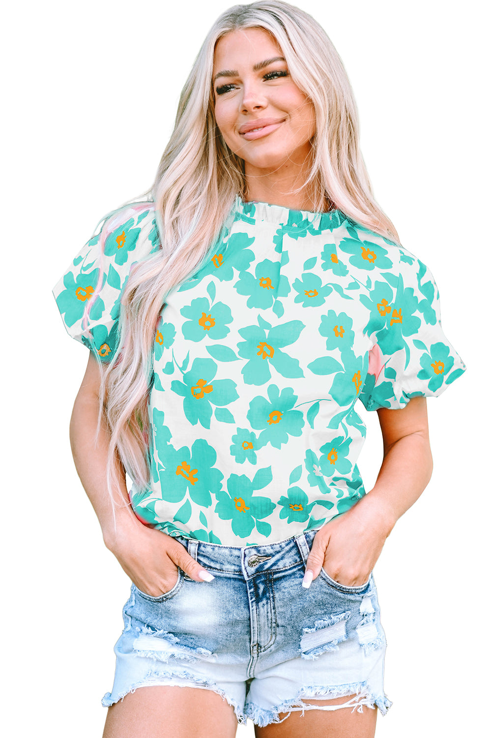 Green Floral Puff Sleeve Frilled Neckline Blouse