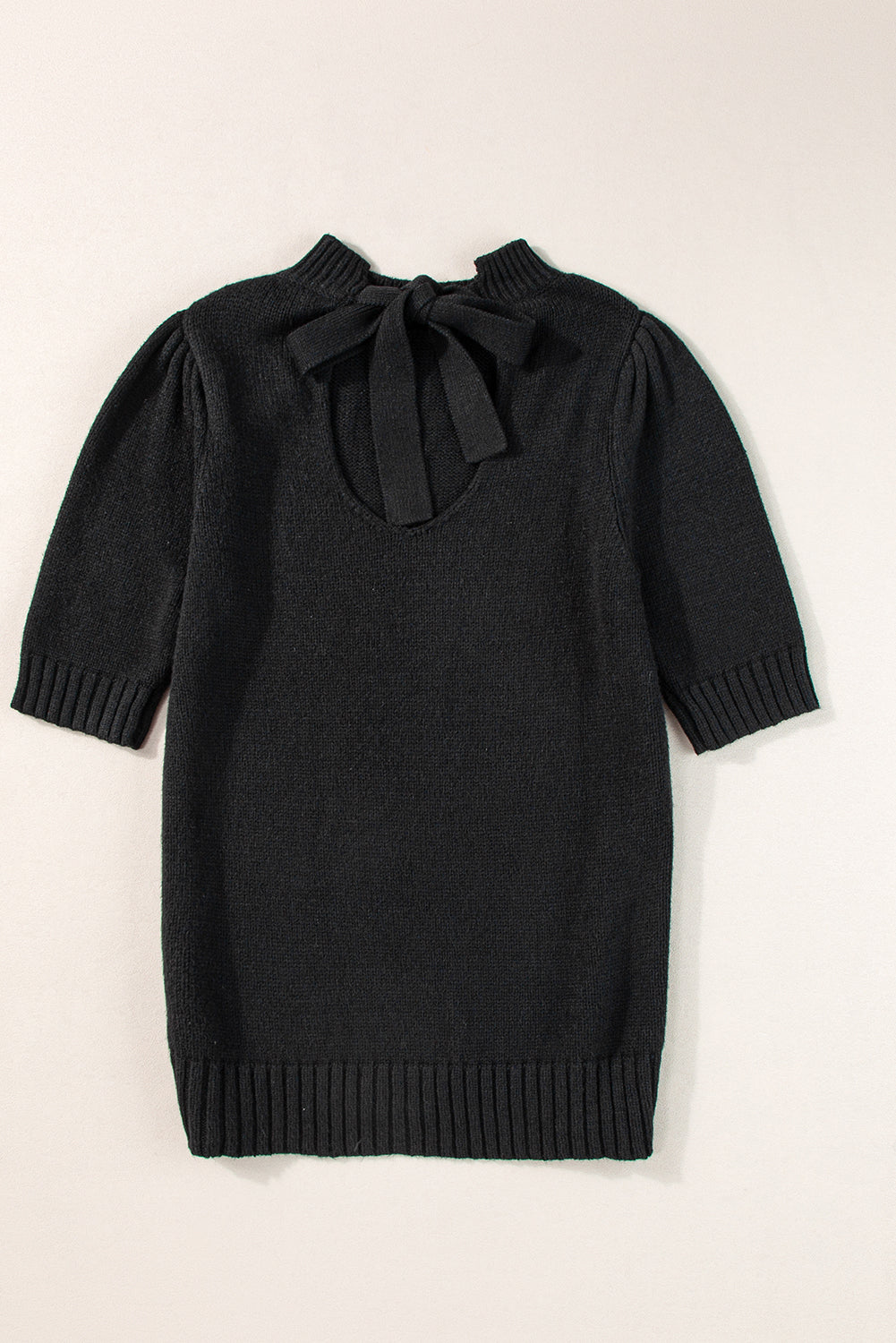 Black Knotted Keyhole Nape Short Sleeve Knit Sweater