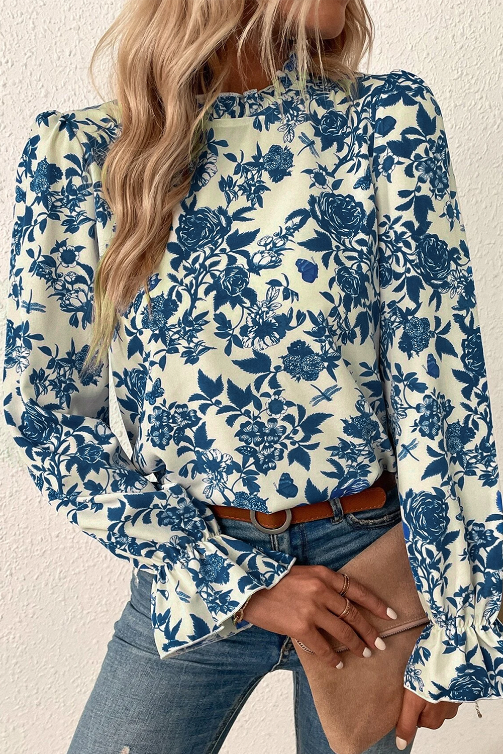 Sky Blue Floral Print Flounce Sleeve Keyhole Back Blouse