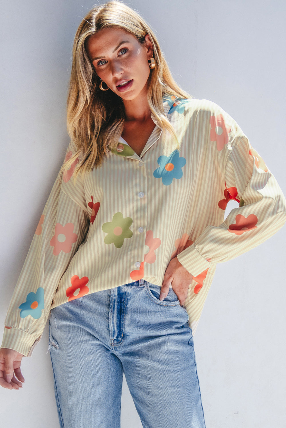 Apricot Stripe Flower Print Collared Button-up Loose Fit Shirt