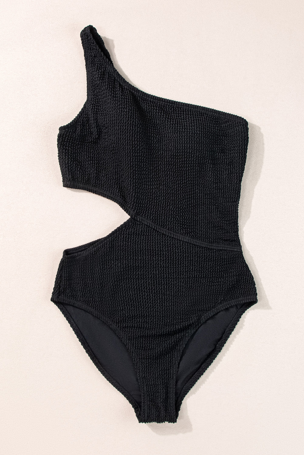 Black Solid Textured Cut Out One Shoulder Monokini
