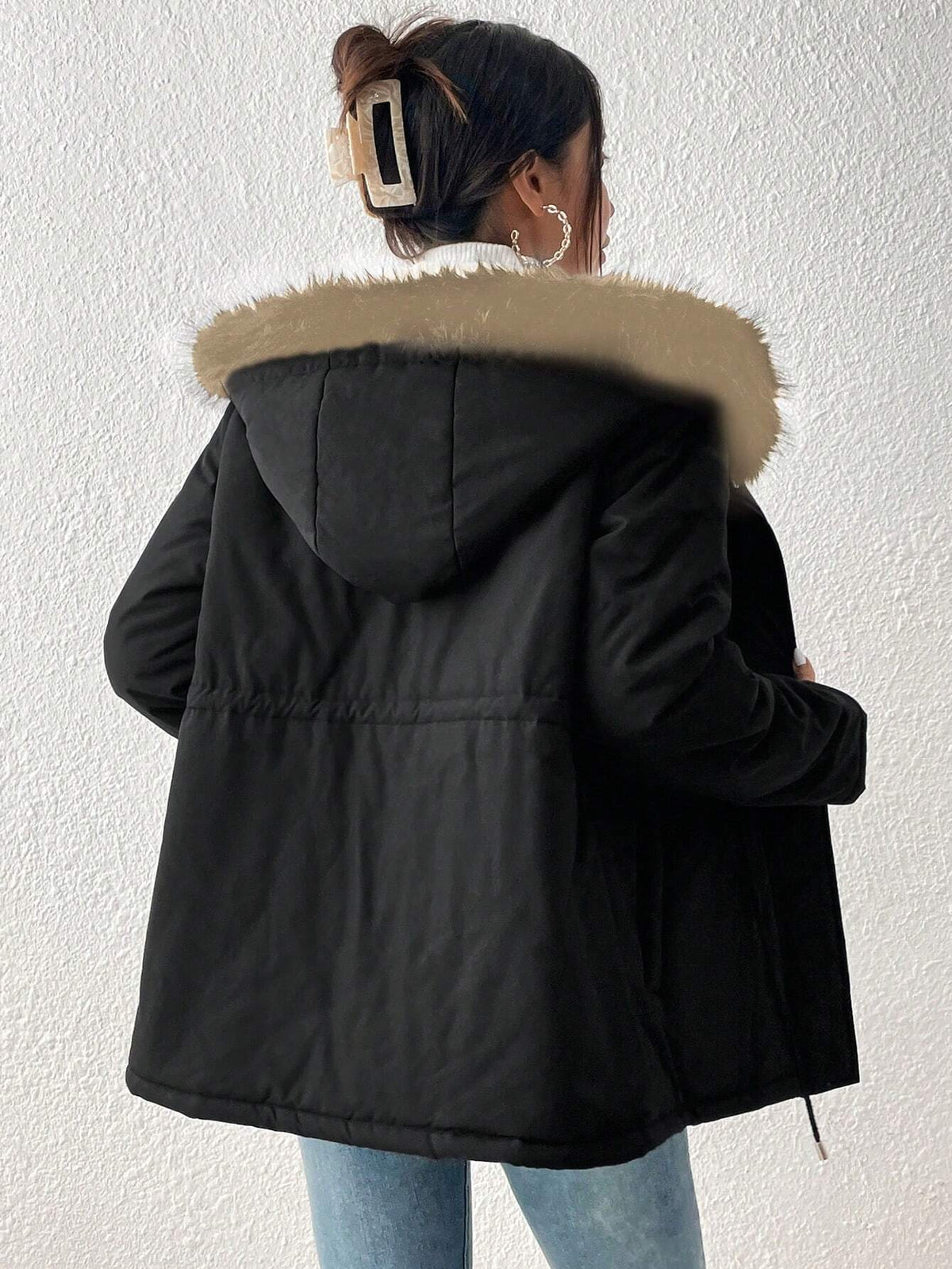 Essnce Drawstring Waist Fuzzy Trim Hooded Parka Coat