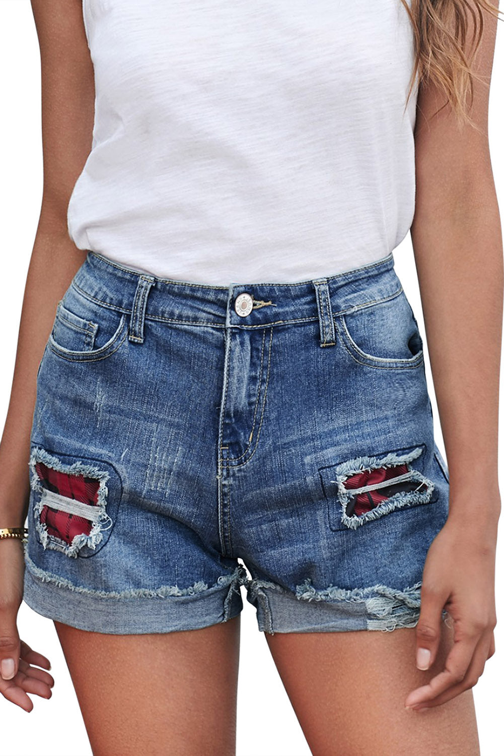 Casual Floral Patchwork Rolled Hem Denim Shorts