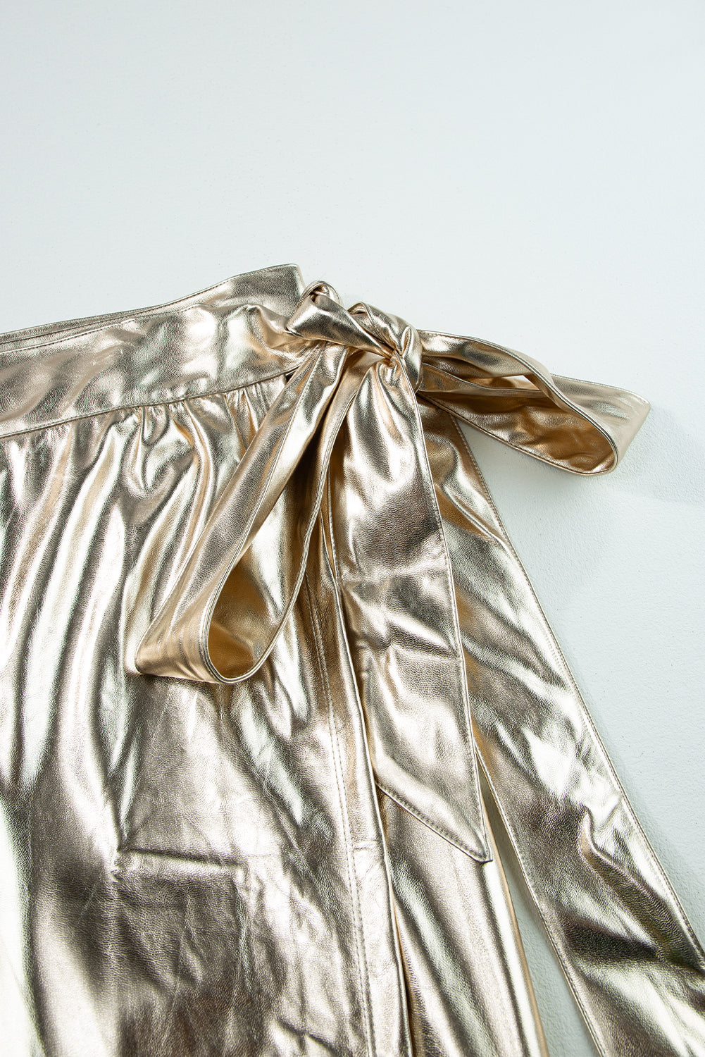 Gold Metallic Leather Knotted Wrap Midi Skirt