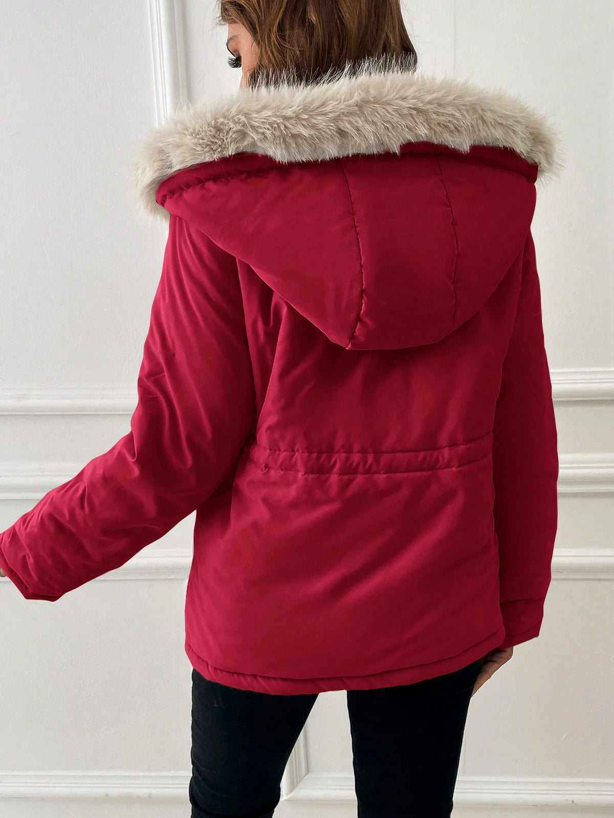 Essnce Drawstring Waist Fuzzy Trim Hooded Parka Coat