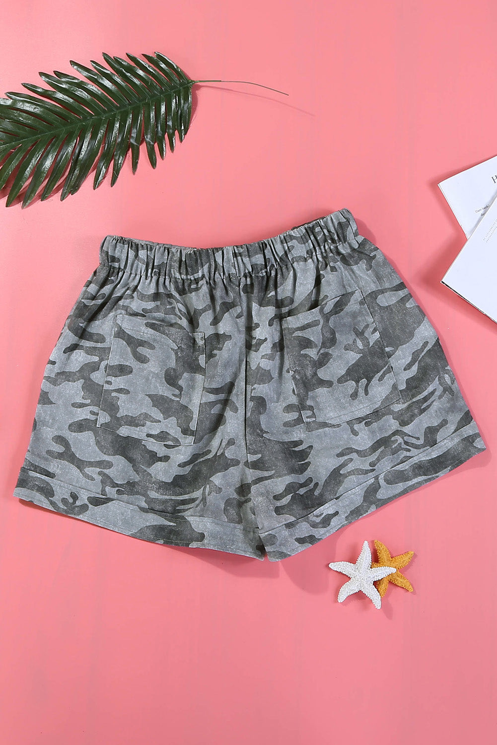 Gray Camouflage Drawstring Casual Elastic Waist Pocketed Shorts
