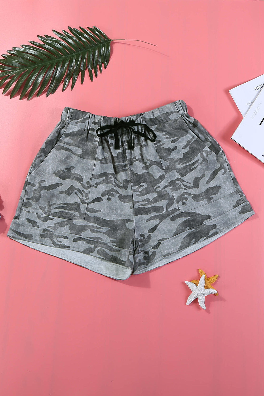 Gray Camouflage Drawstring Casual Elastic Waist Pocketed Shorts