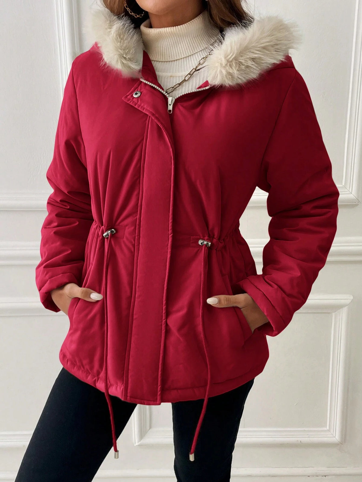 Essnce Drawstring Waist Fuzzy Trim Hooded Parka Coat