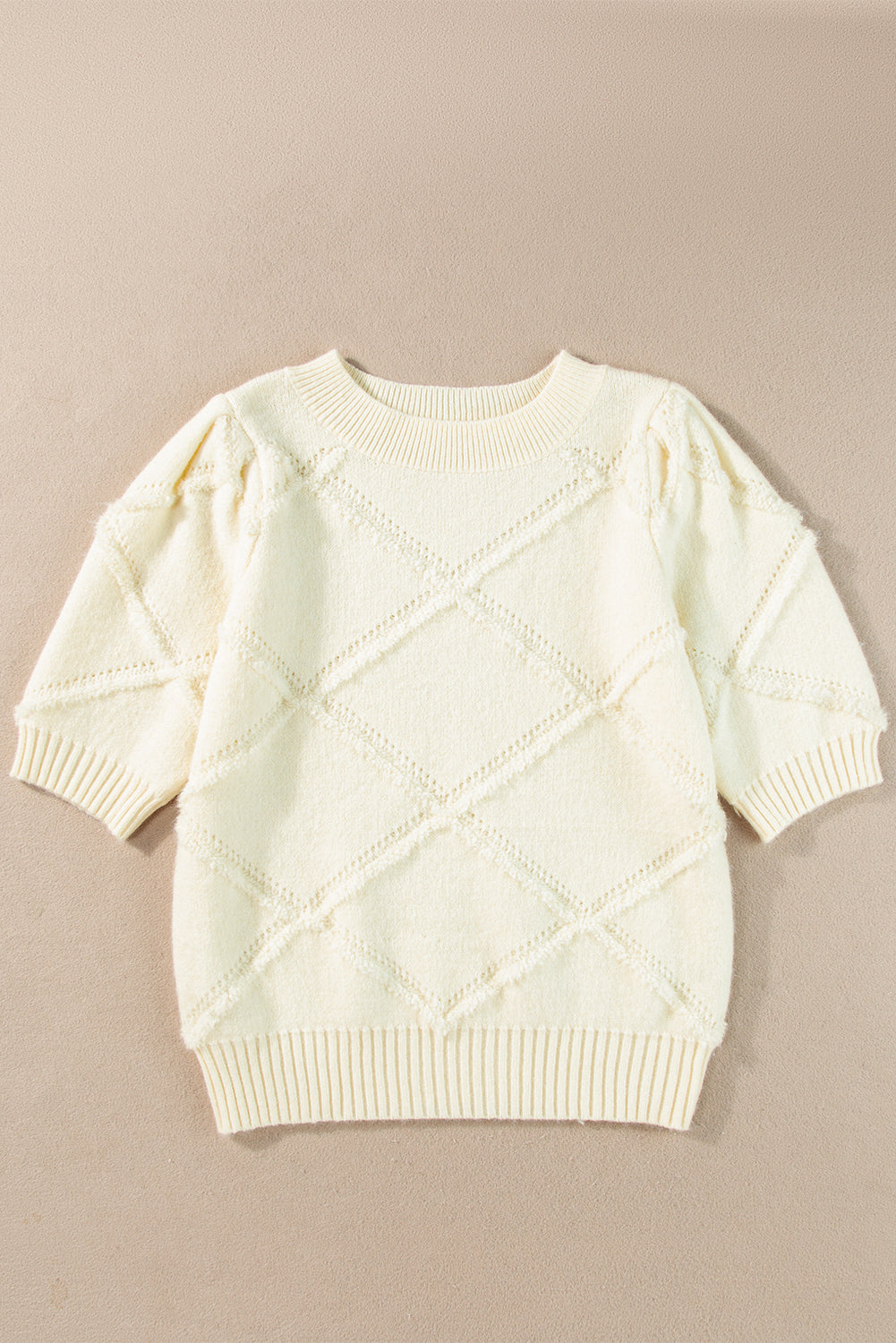 White Rhombus Pattern Ribbed Trim Short Sleeve Sweater