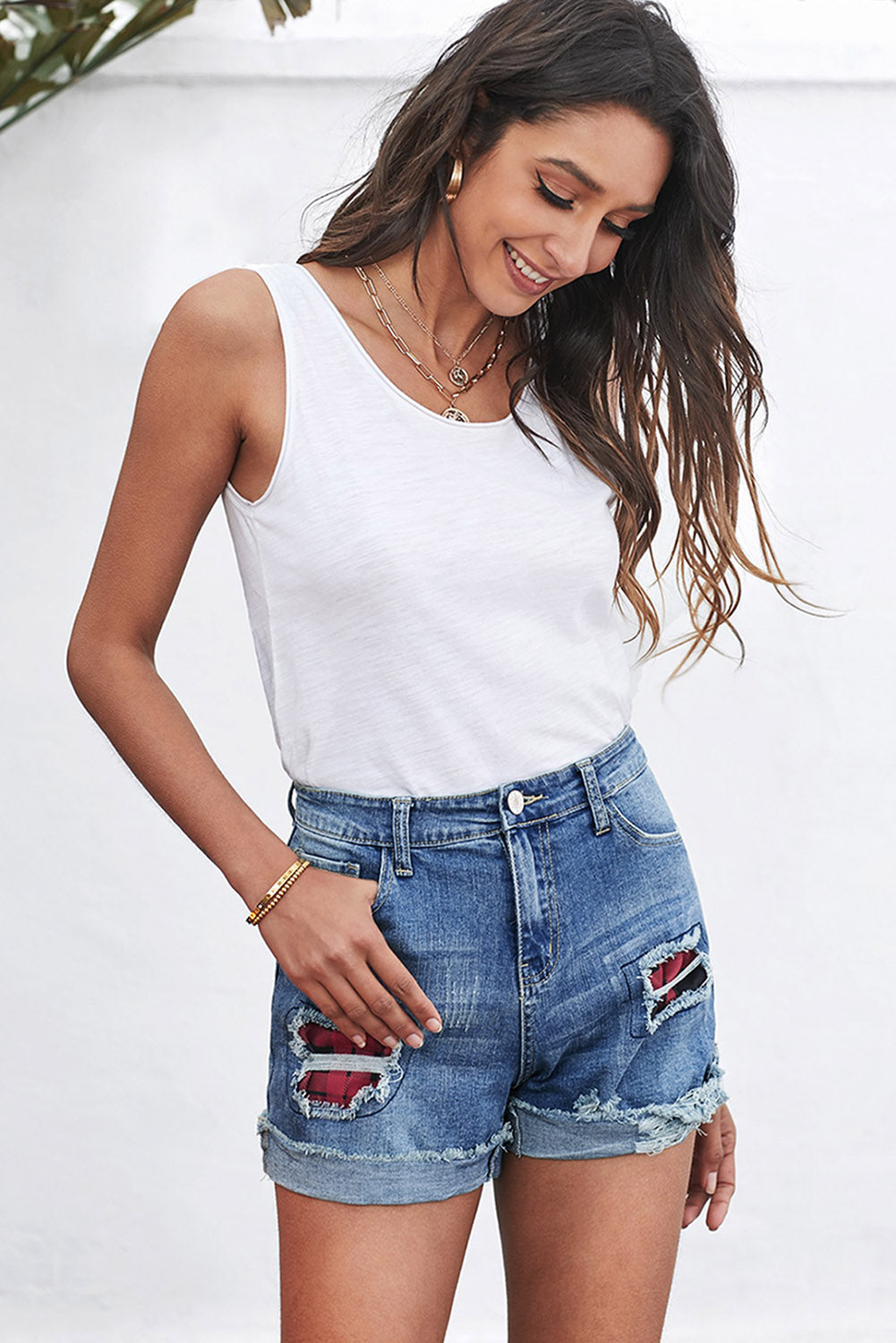 Casual Floral Patchwork Rolled Hem Denim Shorts