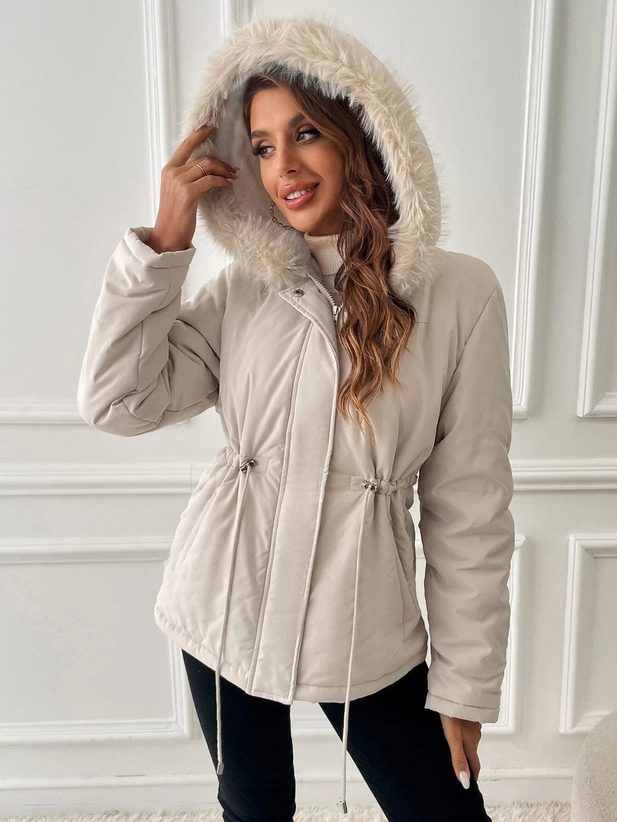 Essnce Drawstring Waist Fuzzy Trim Hooded Parka Coat