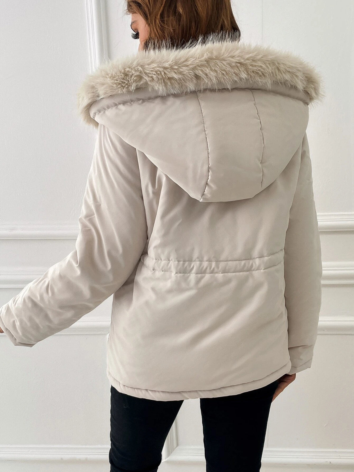 Essnce Drawstring Waist Fuzzy Trim Hooded Parka Coat