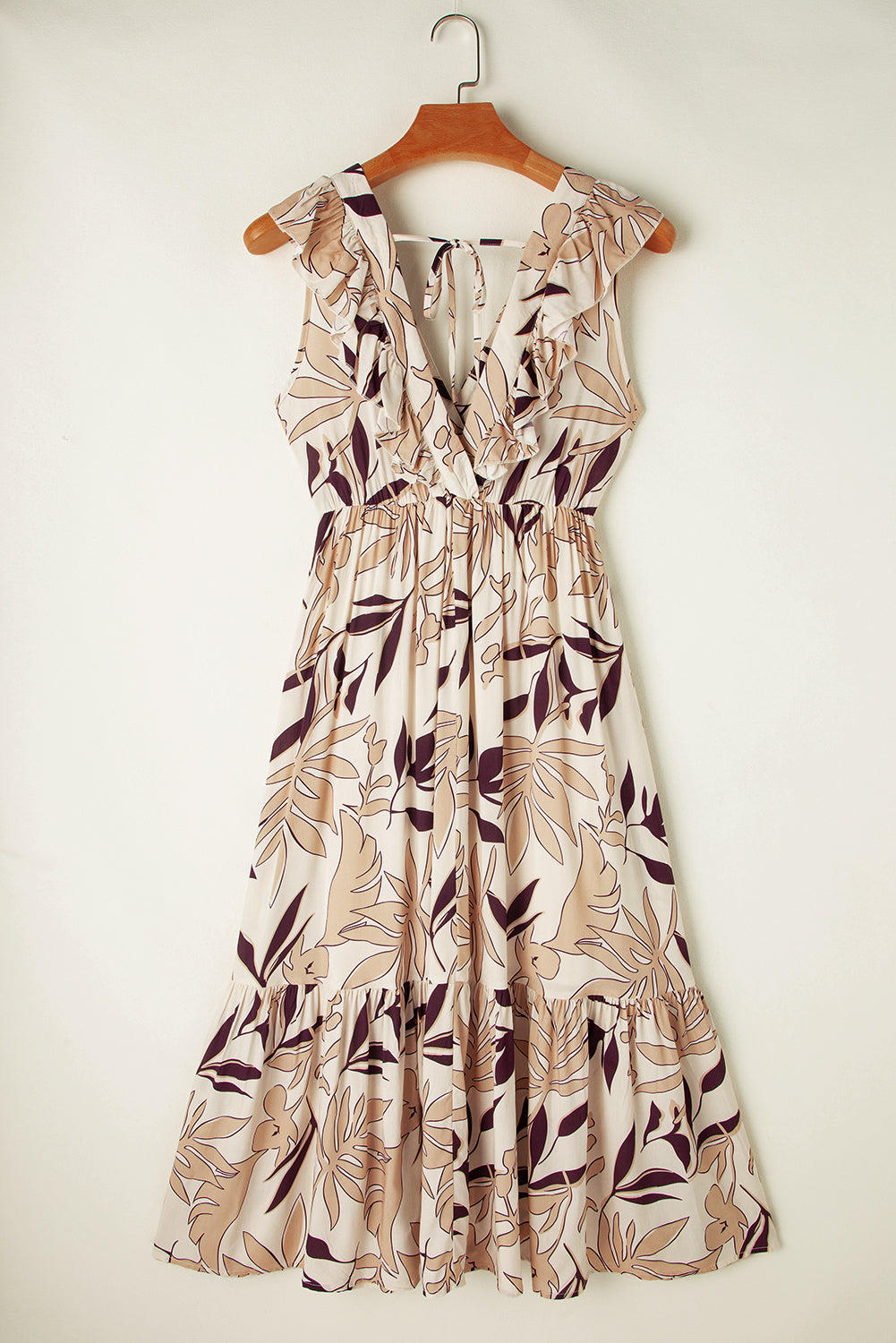 Brown Ruffled V Neck Leaves Print Long Dress