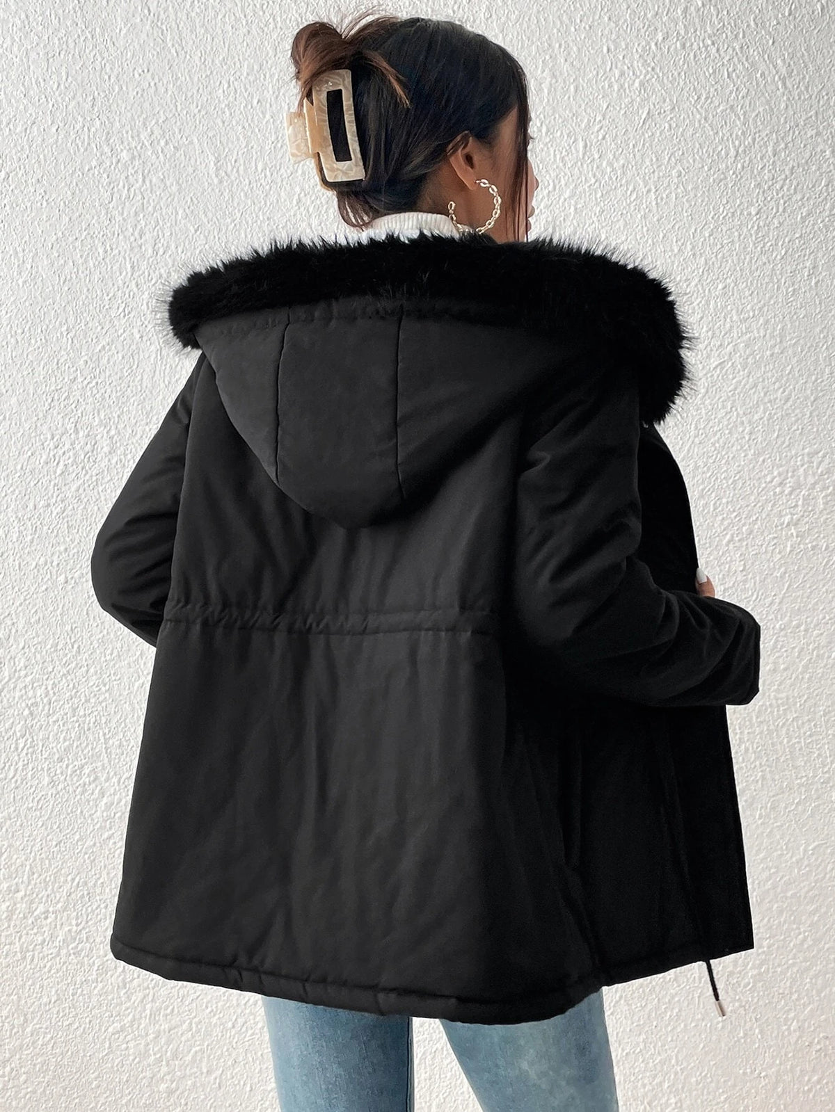 Essnce Drawstring Waist Fuzzy Trim Hooded Parka Coat