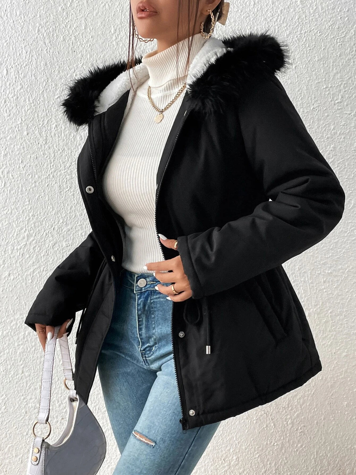 Essnce Drawstring Waist Fuzzy Trim Hooded Parka Coat