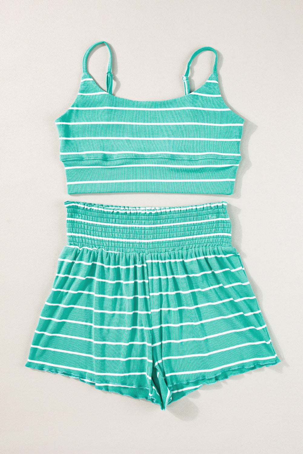 Green Stripe U Neck Crop Cami Top and Shorts Outfit