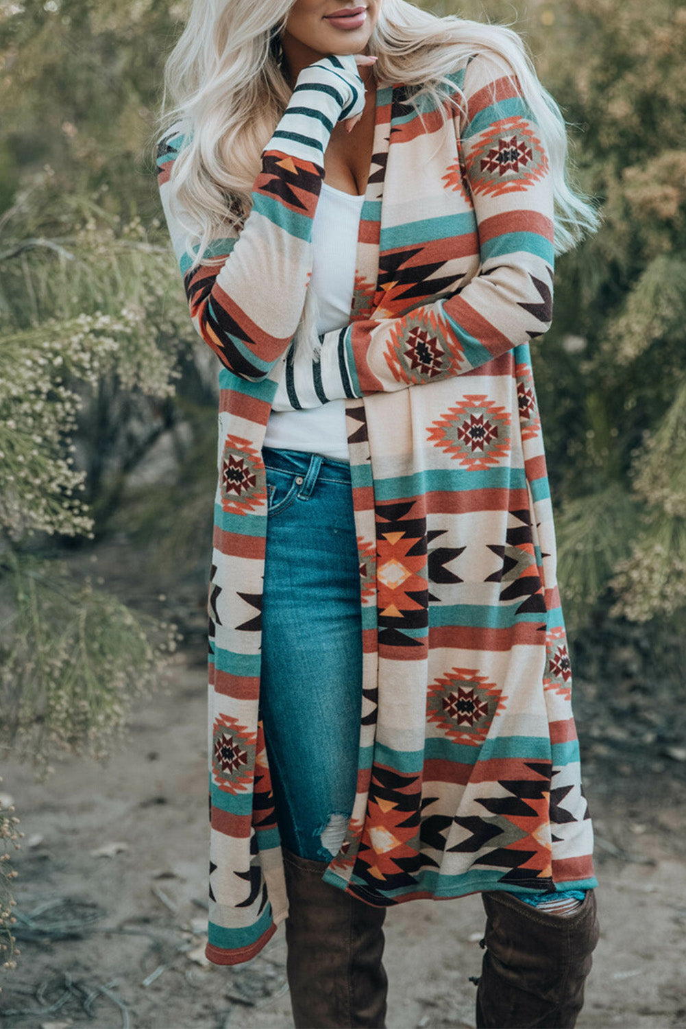 Multicolor Geometric Color Block Open Front Long Cardigan