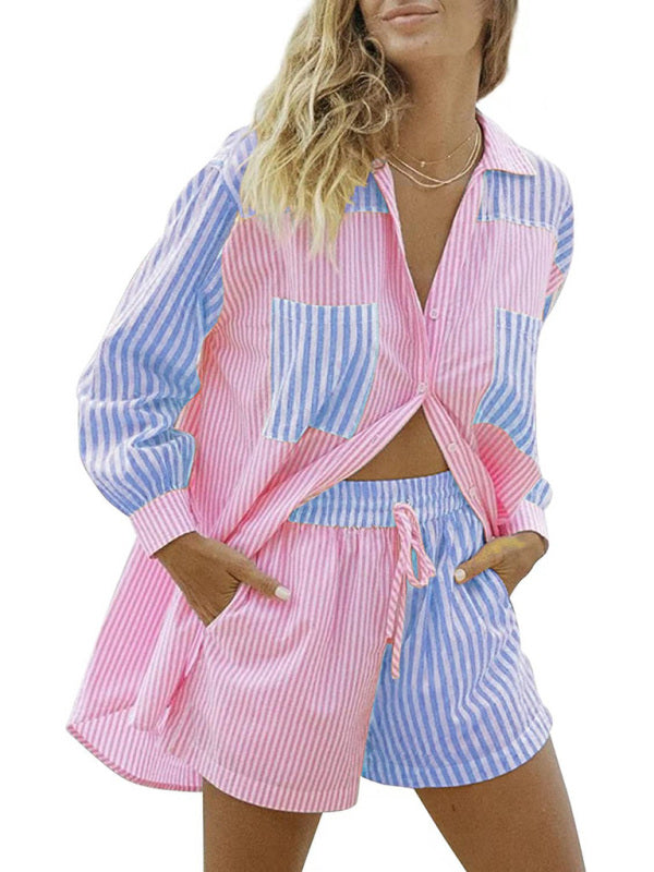 Summer Beach Sportswear Shorts Set Striped Shirt Tops Shorts Set Two-Piece Set