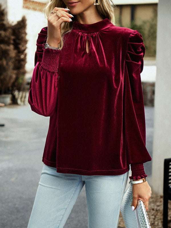 Gold velvet turtleneck bow puff sleeve shirt