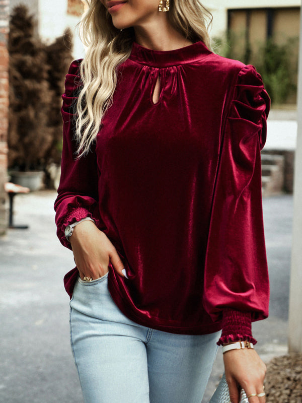 Gold velvet turtleneck bow puff sleeve shirt