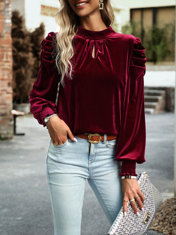 Gold velvet turtleneck bow puff sleeve shirt