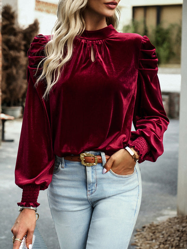 Gold velvet turtleneck bow puff sleeve shirt