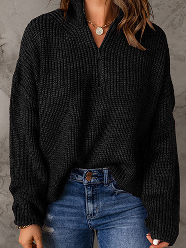 zippered loose turtleneck long sleeve pullover sweater