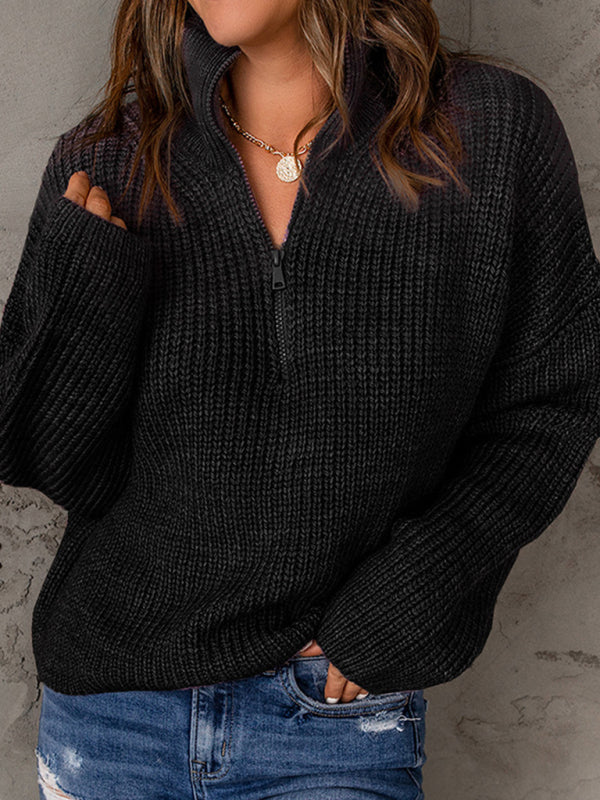 zippered loose turtleneck long sleeve pullover sweater