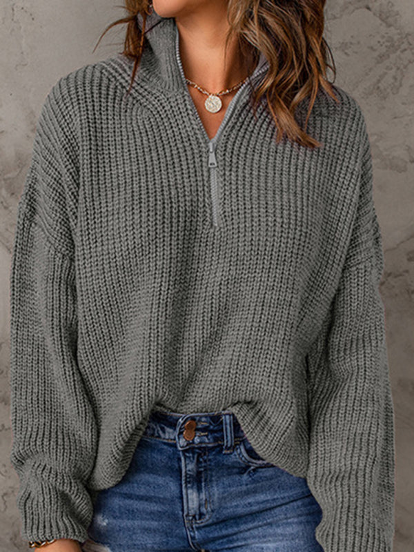 zippered loose turtleneck long sleeve pullover sweater