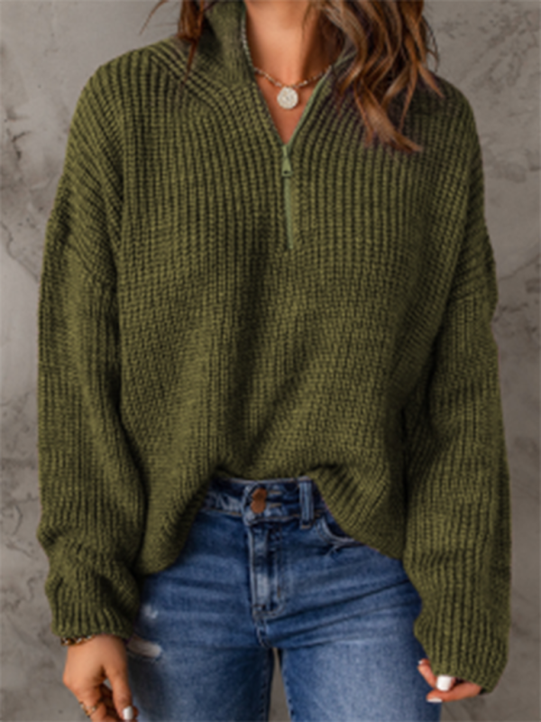 zippered loose turtleneck long sleeve pullover sweater