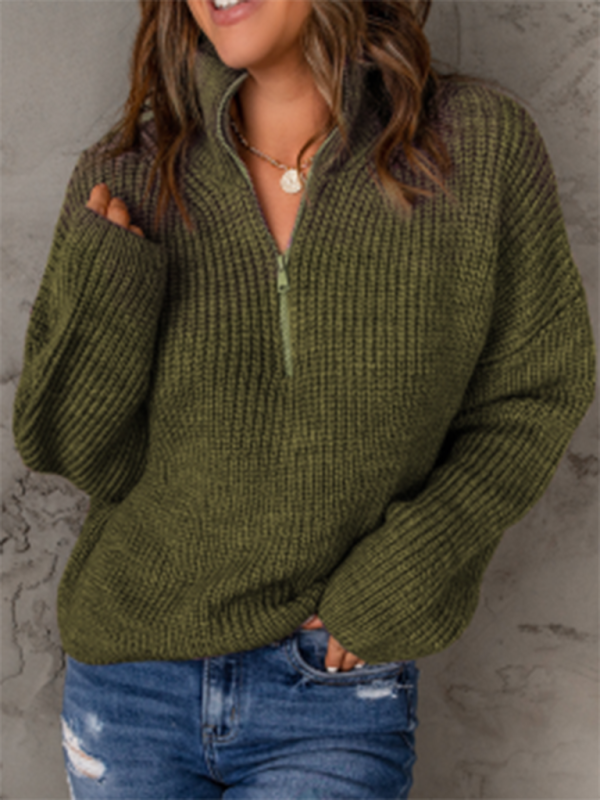 zippered loose turtleneck long sleeve pullover sweater