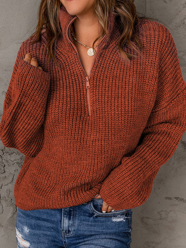 zippered loose turtleneck long sleeve pullover sweater