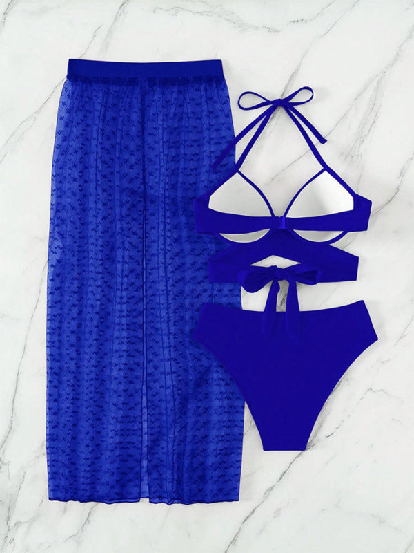 Solid color bikini sexy mesh skirt three-piece set