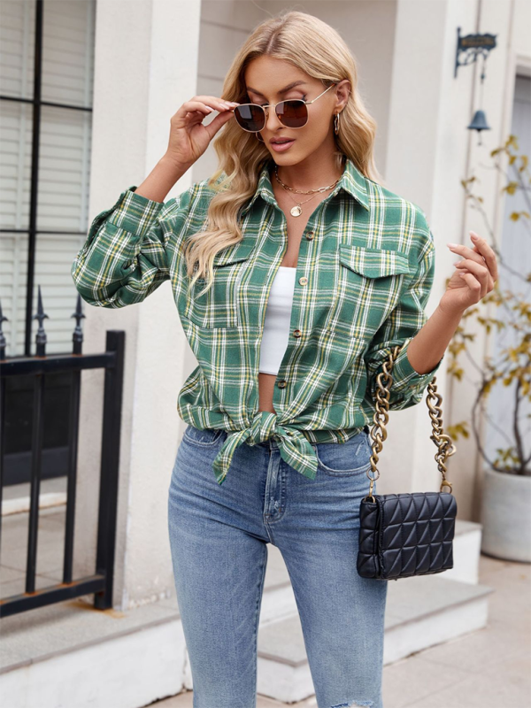 New Casual Fashion Loose Plaid Pocket Shirt