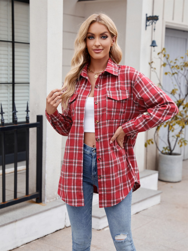 New Casual Fashion Loose Plaid Pocket Shirt