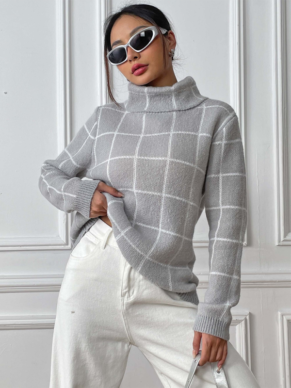 Contrast Plaid Turtleneck Sweater Top