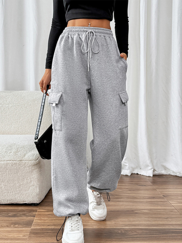 Casual elastic high waist patchwork pocket straight pants