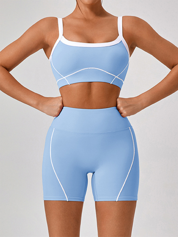 Skinny outdoor sports spaghetti strap contrast color suspender bra + shorts Yoga suit