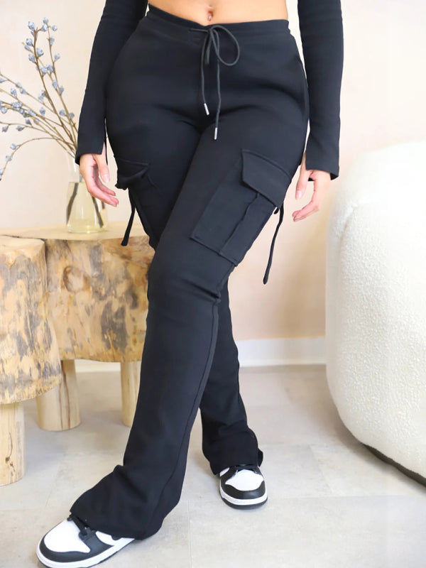 Trend Workwear Pocket Drawstring Waist Slit Trousers Casual Pants