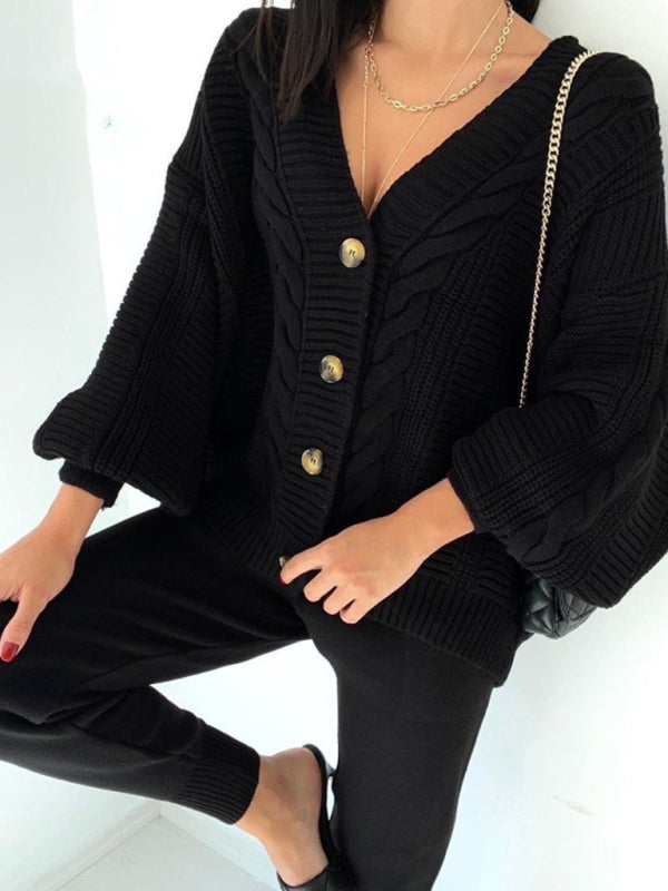 Fashion V-neck Solid Color Suit Sweater + Knitted Pants