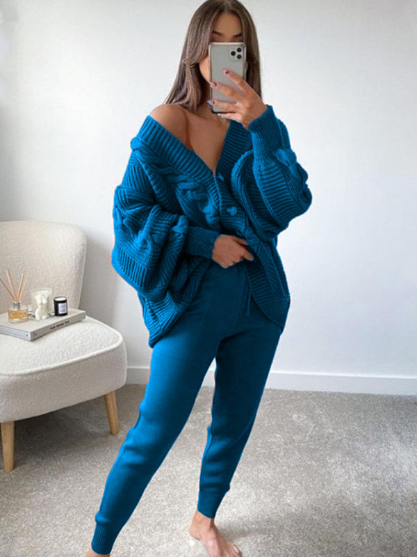 Fashion V-neck Solid Color Suit Sweater + Knitted Pants