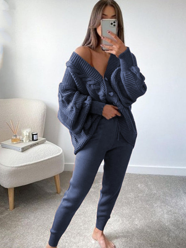 Fashion V-neck Solid Color Suit Sweater + Knitted Pants