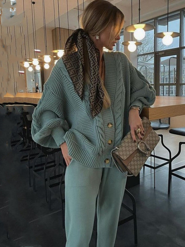 Fashion V-neck Solid Color Suit Sweater + Knitted Pants