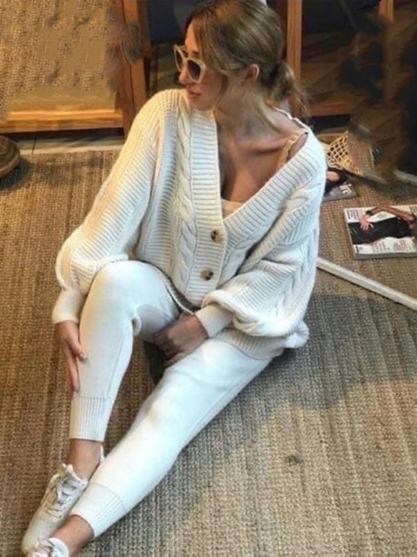 Fashion V-neck Solid Color Suit Sweater + Knitted Pants