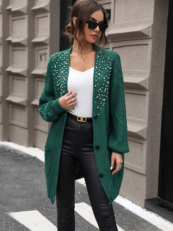 Women's dark green knitted sweater mid-length beaded sweater cardigan coat